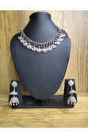 Fashionable Silver Oxidize Neck Piece With Earring (JN21J16)